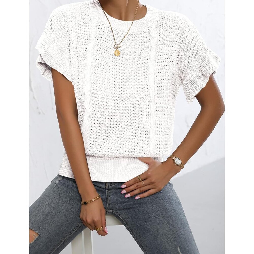 Women's Light Sweater Short Sleeve Crewneck Pullover Summer Top - Picture 2 of 4